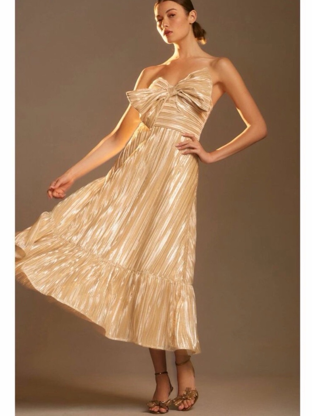 Hutch Anthropologie Strapless Metallic Bow-Front Midi Dress in Gold New with tag